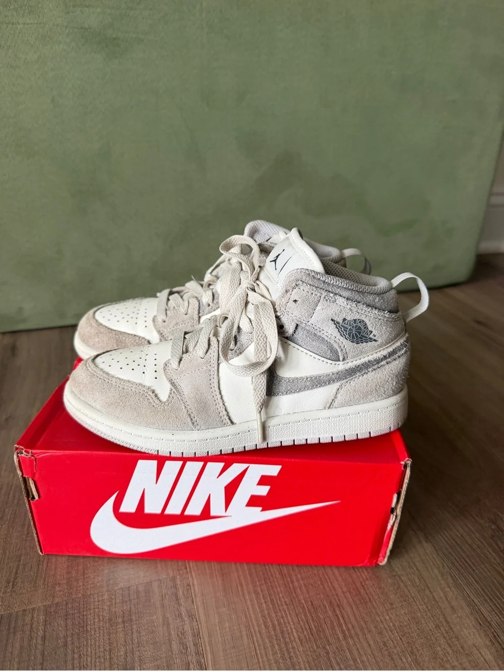 Nike Kids' Air Jordan 1 Mid White and suede Gray Sneakers